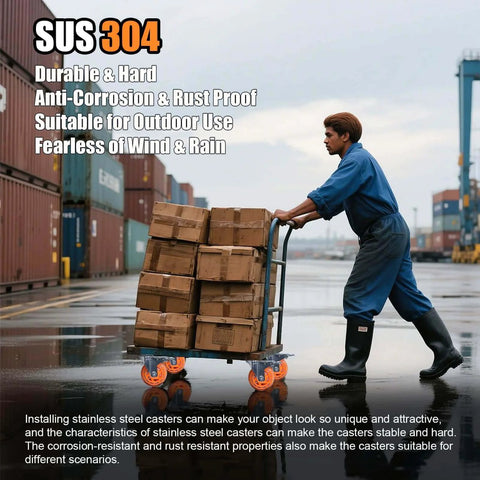 3 inch stainless steel caster wheels with total lock brake; man pushing cart with boxes outdoors, showcasing SUS 304 durability.