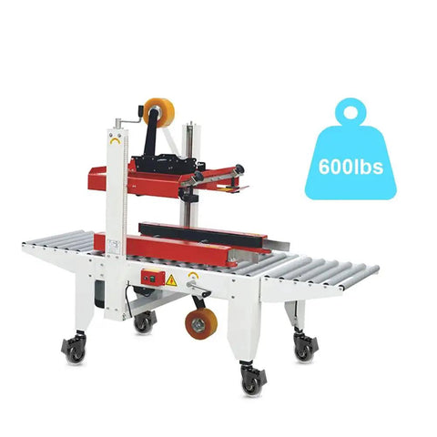Heavy-duty industrial packing machine with rollers and 600 lbs weight capacity, shown on lockable casters.
