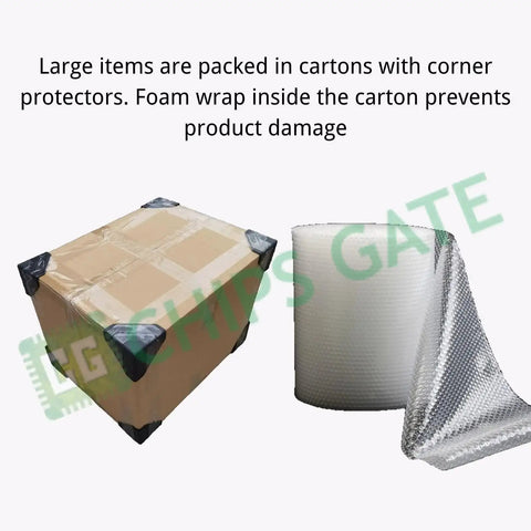 Box with corner protectors and foam wrap next to rolled bubble wrap for secure packaging of direct plug in PLC cable replacement