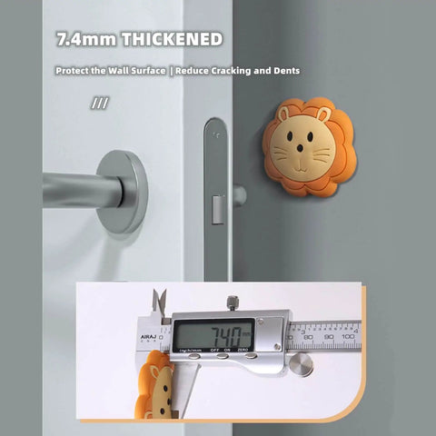 Cartoon Animal Self Adhesive Door Stopper Wall Protectors Pack Of 6, Silicone Door Knob Bumpers Silencers For Walls And Furniture, Reusable Door Handle Protectors For Home Office, Kids Room And Cabinet Protection, lion design bumper on wall near door handle, 7.4mm thick shown.