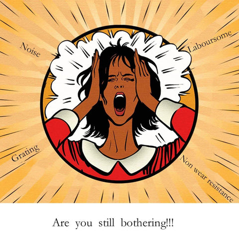 Illustration of a frustrated person with hands on ears, surrounded by words like noise, labour-some, and grating.