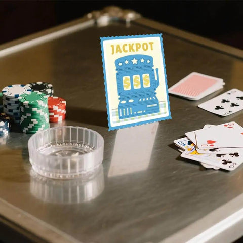 Casino Slot Machine Cutting Dies for Card Making and Scrapbooking displayed with playing cards and chips on a table.