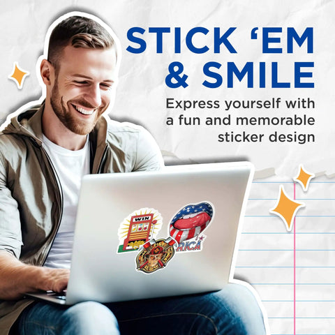 Man using laptop with Two Pack Slot Machine Stickers With Dope Casino Theme And Winning Slot Game Vibe on lid