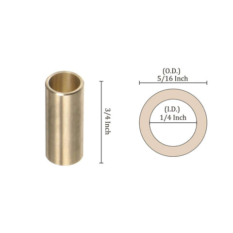 Two Cast Brass Oilless Sleeve Bearings Set For Bore One Quarter Inch Outer Diameter Five Sixteenths Inch Length Three Quarters Inch Plain Wrapped Oilless Bushings with dimensions diagram.