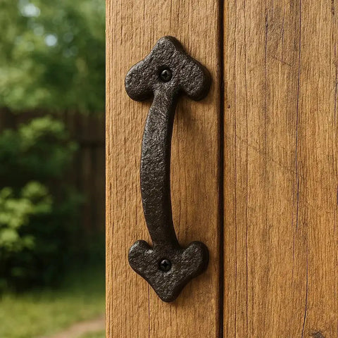 7 Inch Heavy Duty Cast Iron Barn Door Handle Medieval Rustic Gate Pull on wooden door, vintage black finish