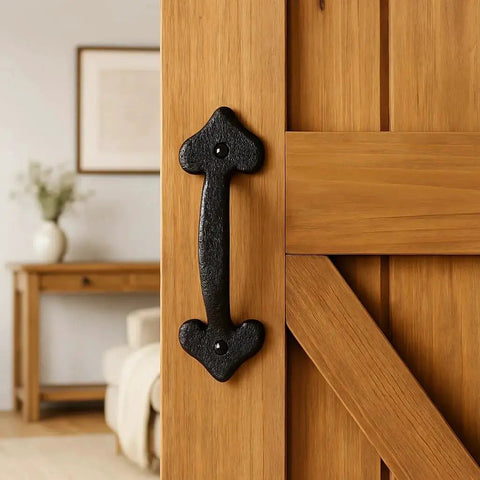 7 Inch Heavy Duty Cast Iron Barn Door Handle Medieval Rustic Gate Pull for sheds, fences, cabinets in vintage black finish installed