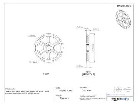 Diagram of B Belt Heavy Duty V Belt Sheave With QT Bushing, 1 Groove, Cast Iron, 8.75 Inch OD, Front and Side Views