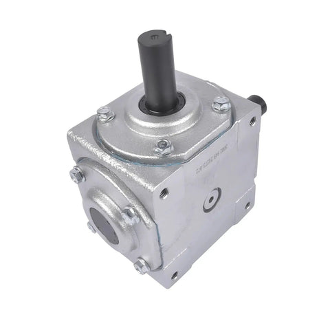Beefy 40 HP Right Angle Bevel Gearbox With 2 Keyed Shafts 1 To 1 Cast Iron showing one keyed shaft and cast iron housing.
