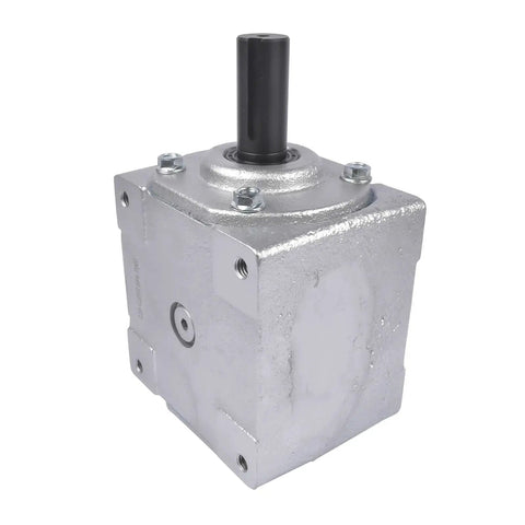 Front view of Beefy 40 HP Right Angle Bevel Gearbox With 2 Keyed Shafts 1 To 1 Cast Iron, showing cast iron casing.