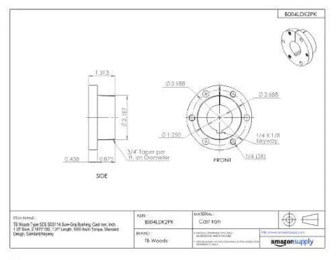 Technical drawing of Sure-Grip Bushing SDS114 Cast Iron Quick Disconnect Bushing for Shaft Mount Pulleys with dimensions and specifications.