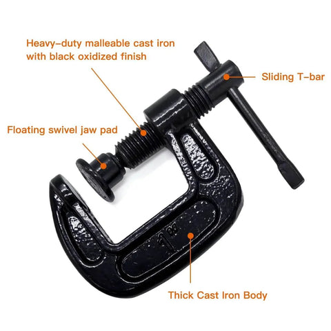 Heavy Duty Cast Iron C Clamps Set One Inch Jaw Opening 0.8 Inch Throat Four Pack For Woodworking Welding And Building with labels