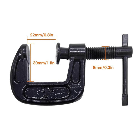 Heavy Duty Cast Iron C Clamps Set One Inch Jaw Opening 0.8 Inch Throat Four Pack For Woodworking Welding And Building, close-up.