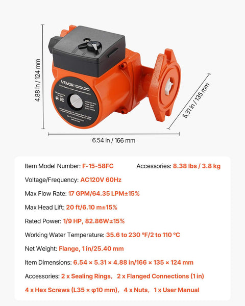 Cast Iron Circulator Pump For Home Water Heating 17 GPM 120V AC 1 Inch Flange 3 Speed Settings Quiet Operation Workhorse For Hot Water Recirculation In Residential Systems By VEVOR, showing dimensions and specifications.