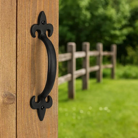 8 Inch Hammered Cast Iron Door Handle Heavy Duty Barn Door Pull For Gates Sheds And Cabinets With Rustic Black Grip installed on wood