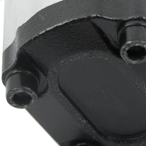 Close-up of 4-18GPM Hydraulic Gear Pump SAE A-2 Flange showing black cast iron casing and fittings.