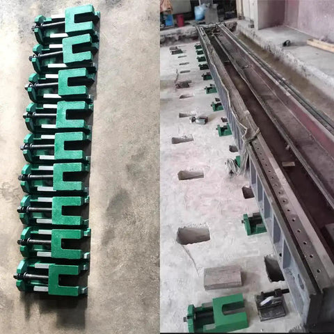 Adjustable Cast Iron Machine Leveling Feet Pad Set For Built Tough Heavy Duty Machinery in a set of eight, installed for stabilization