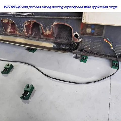 Adjustable Cast Iron Machine Leveling Feet Pad Set installed under heavy machinery for stabilization, showing installation process