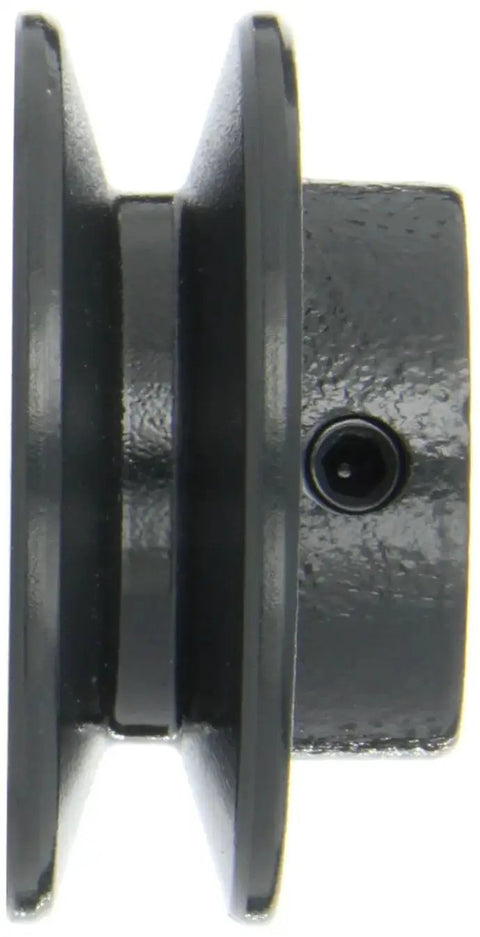 Side view of Finished Bore Cast Iron Sheave With Five Eighths Inch Bore, Two And A Half Inch Outer Diameter, One Groove Pulley.