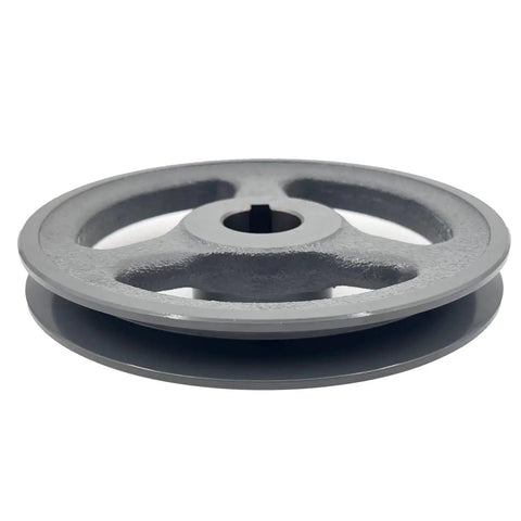 Side view of AK61-1 Saelno 1 Inch Bore V Belt Pulley 5.95 Inch OD Beefy Cast Iron Motor Pulley with anti-rust finish, single groove.