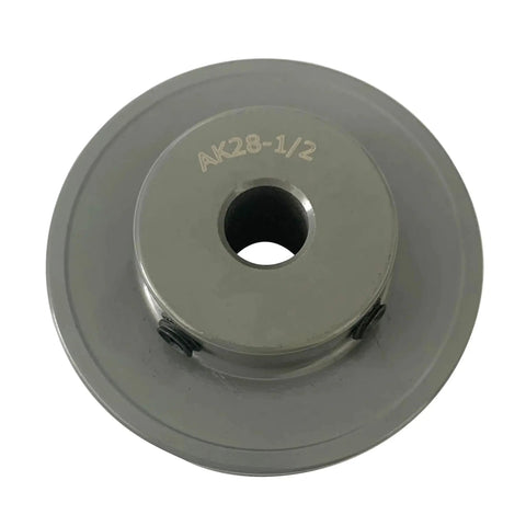 Front view of gray Beefy Cast Iron V Belt Pulley, 5.75 inch OD, 1 inch bore, for A, AX, 3L, 4L belts, single groove, durable and corrosion resistant.