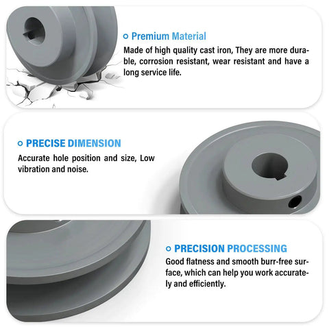 Single Groove V Belt Pulley For V-Belt Drive Systems, Two Point Five Inch Outer Diameter, Five Eighth Inch Bore, features and material