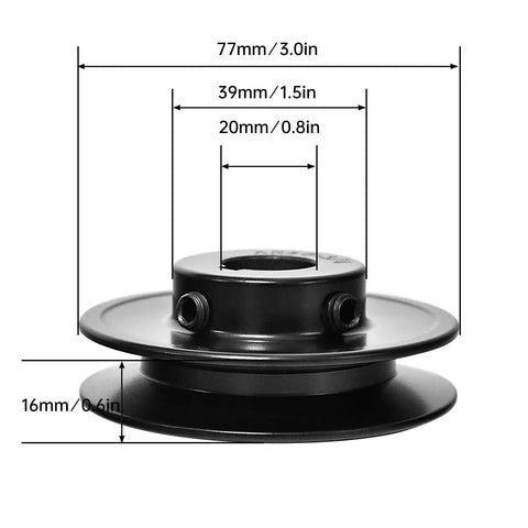 Side view of Single Groove V Belt Pulley For A AX 3L 4L Belts, Three Quarter Inch Bore, Three Inch Outer Diameter, Cast Iron Construction