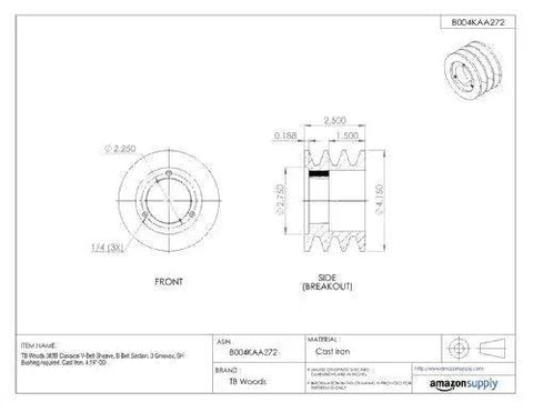 Technical drawing of Classical V Belt Sheave for B Belt Section with Three Grooves in Cast Iron, 9.75 Inch Outer Diameter, SK Bushing Required.