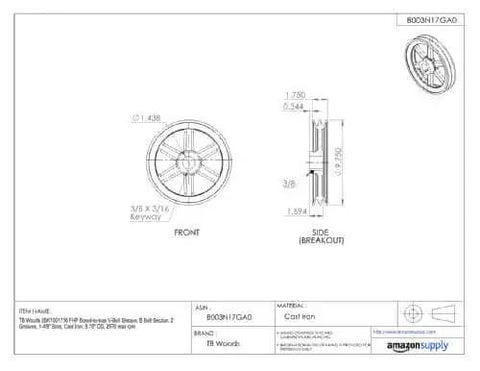 Engineering drawing of Bored-To-Size V Belt Sheave For Classical A Belt Drive System With Two Grooves And One Inch Bore