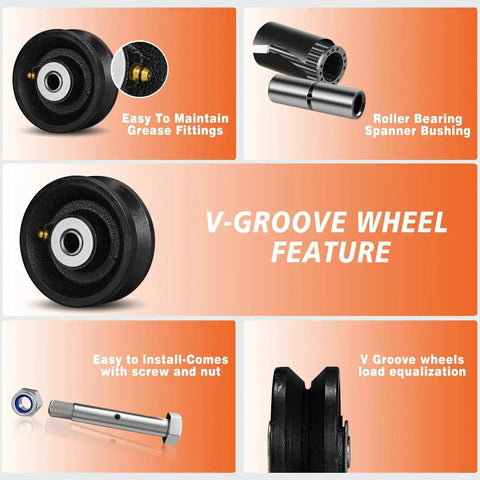 4 Inch By One And A Half Inch Cast Iron V Groove Wheel With Roller Bearing 600 Lbs Capacity Designed For Heavy Duty Roll Tracks And Sliding Gates Industrial Metal Casters For Rolling Applications Durable Black 1 Pack with features highlighted