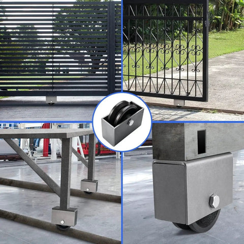 Collage of V Groove Cast Iron Wheel with Weldable Box for Sliding Gates and Rolling Doors, 4 by 1.5 inch, installed on gates