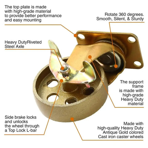 3.5 Inch Brake Locking Caster Swivel Wheel Set Of 4 With Copper Antique Gold Finish Cast Iron Industrial Heavy Duty Retro Cart Style 225 Lbs Each 900 Lbs Total Capacity Ideal For Industrial Furniture Vintage Decor And DIY Projects, showing close-up of brake mechanism and riveted steel axle.