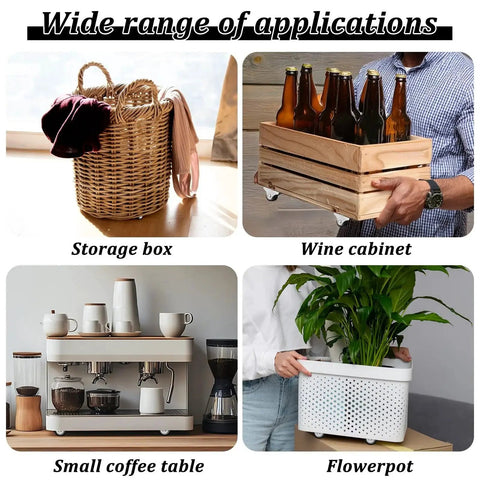 Four applications of 12 Pieces Fixed Caster Wheels Set for storage box, wine cabinet, small coffee table, and flowerpot.