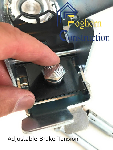 Close-up of the brake mechanism on an industrial 6 inch by 2 inch caster set of 4, showcasing adjustable tension feature.