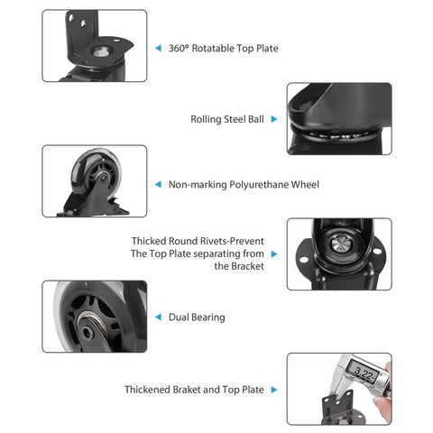 Side Mount Casters Set Of 4 With Brake, 3 Inch L Shaped Plate Casters details and features highlighted