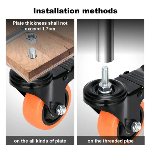 Installation method for Three Inch Stem Caster Wheels Four Pack M10 1.5x25mm Threaded Stem Heavy Duty Swivel Casters