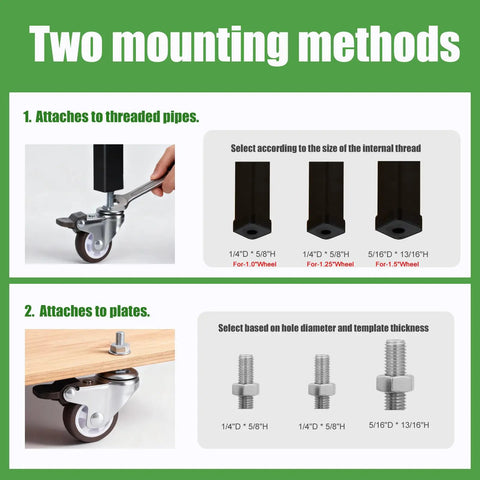 Diagram showing two mounting methods for 1.5 Inch Stem Casters Set of 4 With Brakes, including threaded pipes and plates.