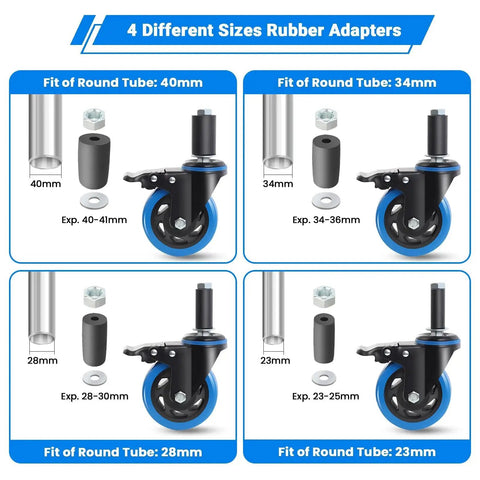 4 Inch Prep Table Caster Set Of 4 With Swivel Expanding Stem And Brakes For Stainless Steel Tables And Carts, showing rubber adapters in different sizes for tube fitting.