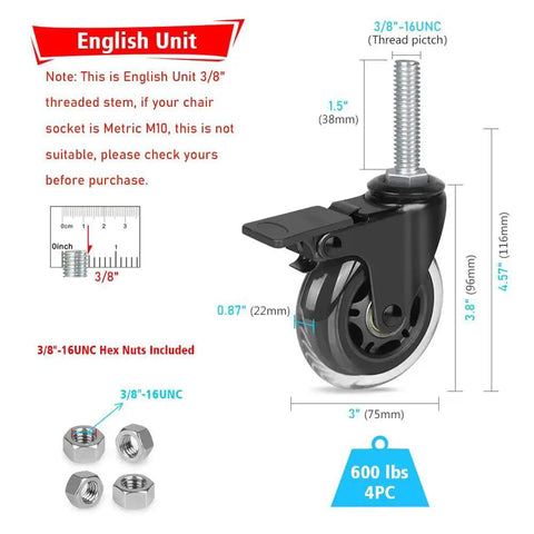 Diagram of Three Eighths Inch 16 UNC Threaded Stem Locking Swivel Caster with 3 Inch Wheels, hex nuts, and dimensions