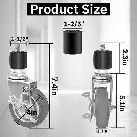 Expanding Stem Casters Set Of 4 With Brakes For Stainless Steel Worktables And Carts Fits One And One Half Inch To One And Five Eighths Inch ID Legs Swivel Castors Elevate Height By 5.1 Inches Load Capacity 1200 Lbs diagram