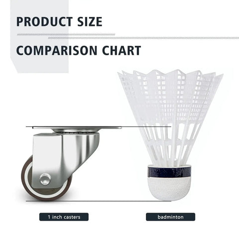 Comparison of Low Profile 1 Inch Caster Wheels Set Of 4 For Small Furniture with badminton shuttlecock highlighting size difference.