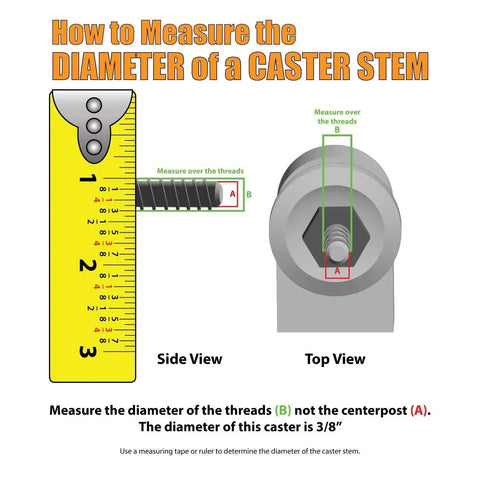 Diagram showing how to measure a caster stem diameter, highlighting thread measurement over centerpost, with ruler illustration.