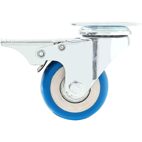 24 pack caster swivel plate with brake on blue polyurethane wheels, 2 inch locking swivel caster side view.