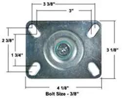 Top view of large top mount plate for high temp nylon wheel bakery swivel casters set of 4 with measurements and bolt size indicated.