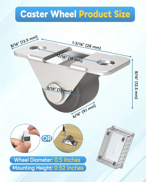 Diagram showing dimensions of Mini Low Profile 0.5 Inch Caster Wheels Self Adhesive And Screw Mounted Rubber Casters.