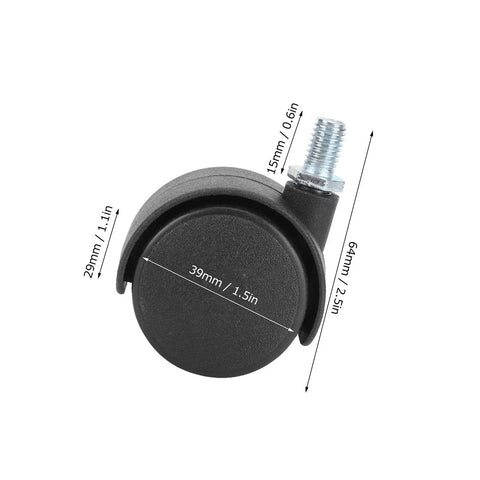 Close-up of a 4 Pack Swivel Casters 1.5 Inch 360 Degree Universal Plastic Screw Socket Cabinet Stem Casters Heavy Duty Replacement Wheels.