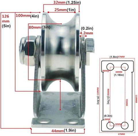 Side view of 304 stainless steel caster wheel with groove, heavy duty sheaves track pulley, 100mm diameter for sliding door.