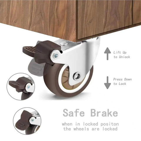 Heavy Duty 2 Inch Caster Wheels Set of 4 with Locking Casters for Carts attached to furniture showing brake mechanism