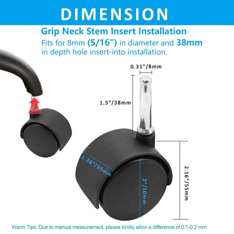 Diagram showing dimensions of 4pcs 2 Inch Swivel Caster Wheels with M8 Grip Neck Stem Heavy Duty Black Nylon Replacement Casters