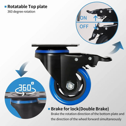 3 Inch Caster Wheels Set Of 4 Heavy Duty With Brake And Dual Locking Casters, Quiet Polyurethane Foam Wheels, Side View