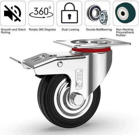 3 Inch Heavy Duty Caster Wheels With Two Brakes And Screws Set Of 4 Silent Rubber Castors showing wheel and brake details.